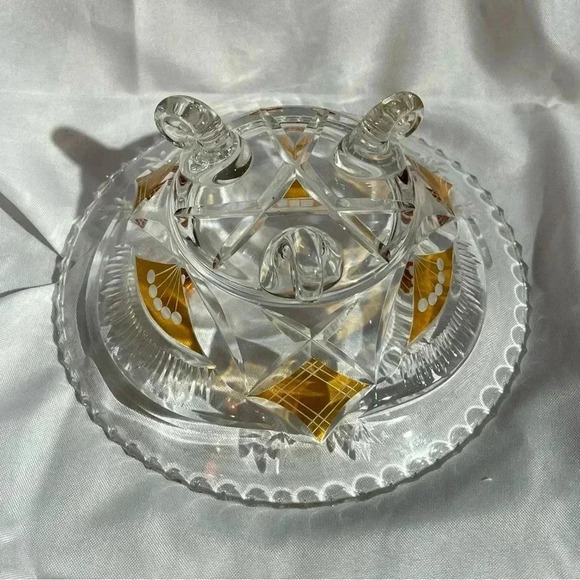 Vintage German Etched & Painted Scalloped Edged Crystal Footed Dish - Picture 4 of 5